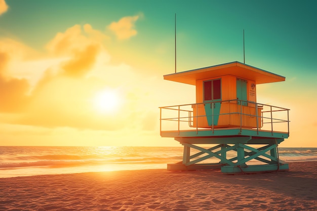 A lifeguard tower on a beach at sunset