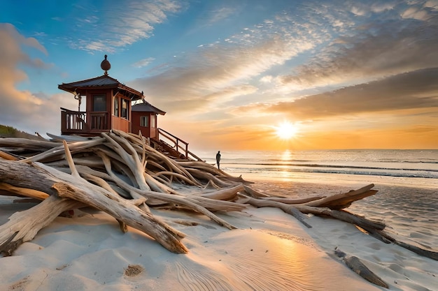 A lifeguard tower on a beach at sunset