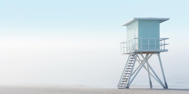 Lifeguard Tower in een witte mist op een strand aan zee Eenzaam landschap met wachttoren Generatieve AI