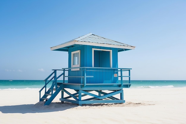 Lifeguard tower on white sand beach with blue background