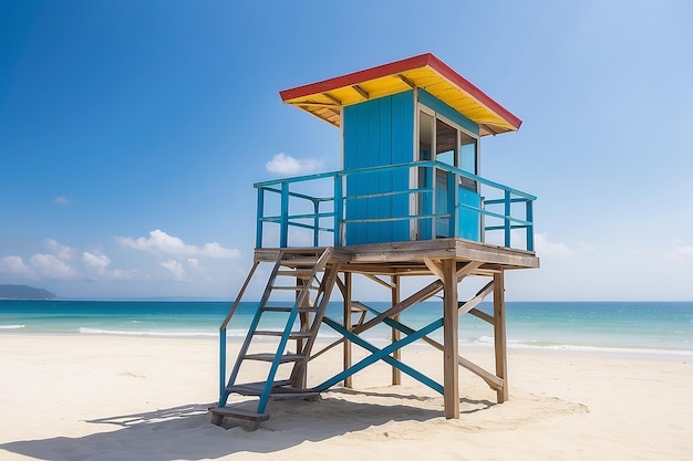 Спасательная башня на белом песчаном пляже с видом на море