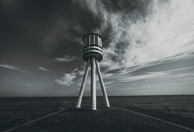 Lifeguard tower with seascape in the background