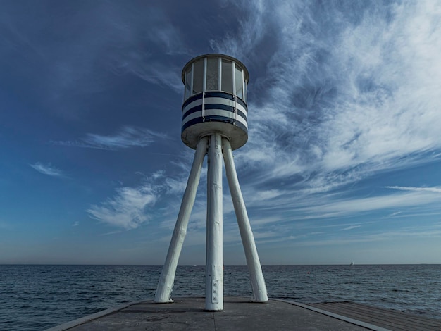 Lifeguard tower with seascape in the background