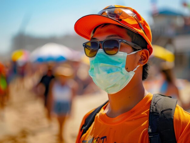 Foto salvatore con una maschera sulla spiaggia