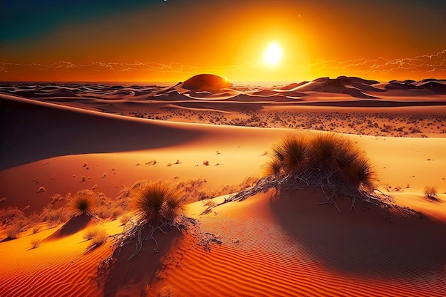 Lifeless desert dunes against backdrop of sun setting beyond horizon