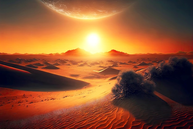 Lifeless desert dunes against backdrop of sun setting beyond horizon