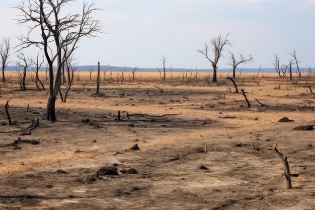 Photo lifeless dry land and trees of cut down and burnt rainforest disappearance of tropical forests environmental disaster for wildlife deforestation concept environmental disaster generated ai