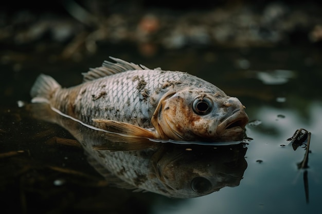 Безжизненная рыба неподвижно плавает на поверхности воды.