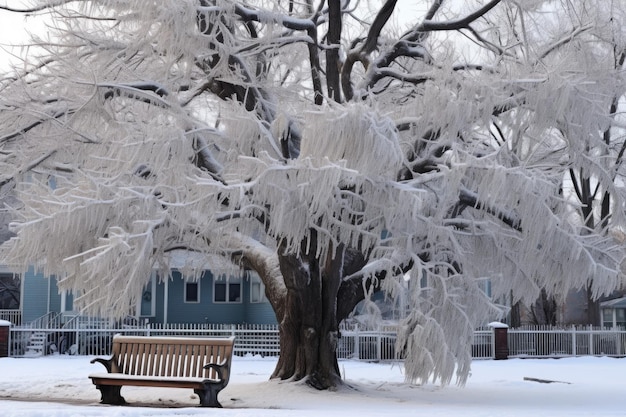 Безжизненное дерево зимой стоит возле скамейки в парке