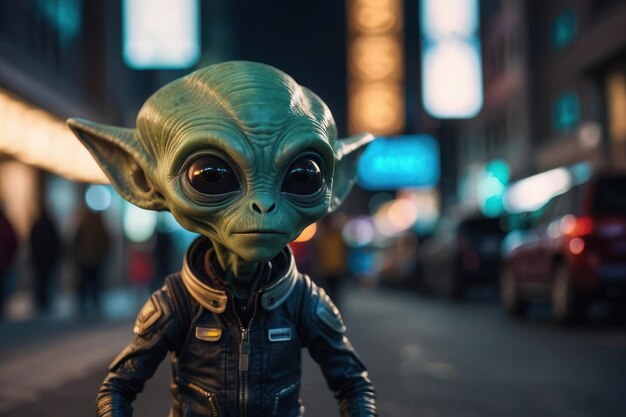Lifelike Baby Yoda figurine on city street