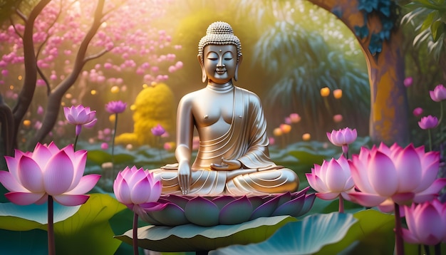 Фото Будда, похожий на живого, сидит в пышном саду с яркими цветами лотоса