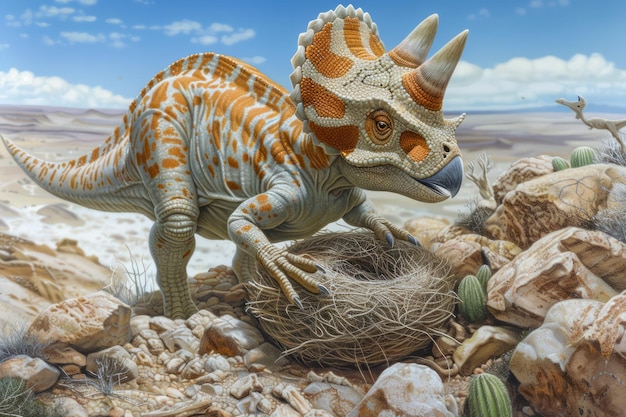 Lifelike Illustration of a Triceratops Dinosaur in Natural Habitat with Nest and Eggs