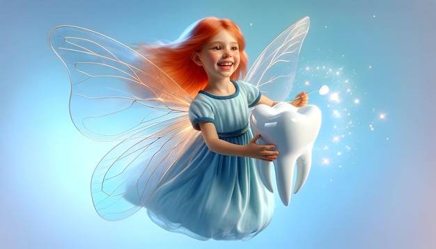 A lifelike redhaired fairy in a striped blue dress flies joyfully embracing a large gleaming toot
