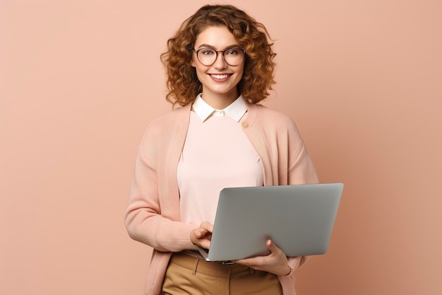 a lifestyle business woman holding a laptop one color background and copyspace