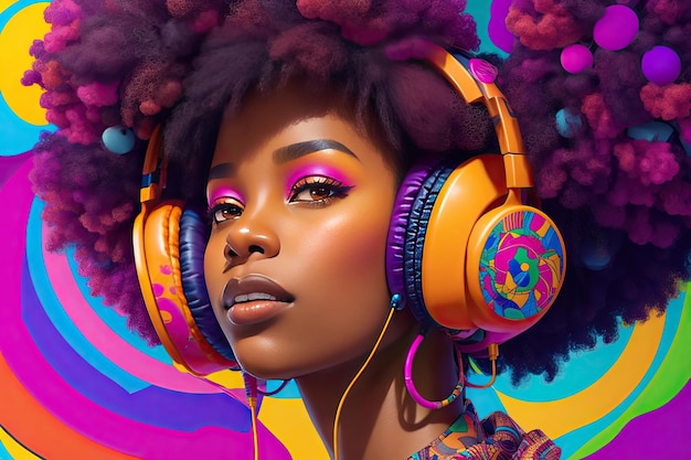 Lifestyle Concept Portrait of beautiful African American woman joyful listening to music ai generative