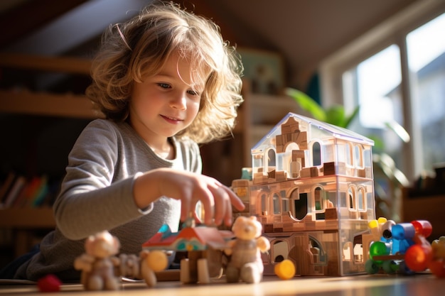 Образ жизни европейской блондинки, играющей с куклами в помещении.