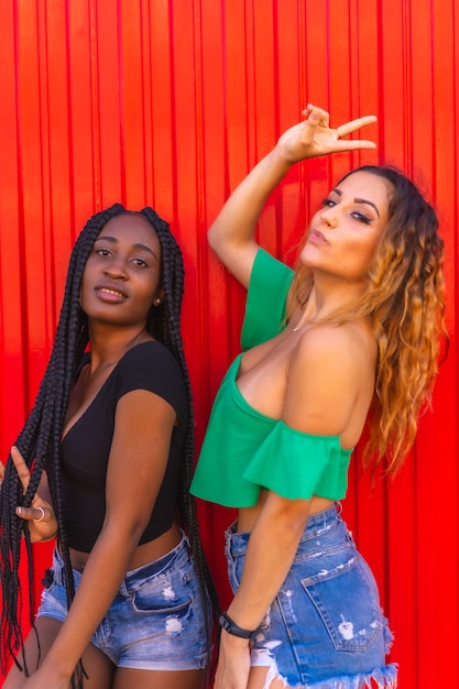 Lifestyle of friends Caucasian blonde girl and black girl with big braid on a red wall