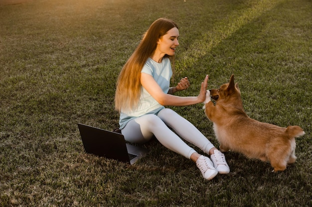 Lifestyle meisje en Corgi hond buiten Meisje met laptop haar Welsh Corgi Pembroke hond aaien op het gras Drukke jonge vrouw heeft een pauze en ontspan met haar hond Lifestyle met huisdier