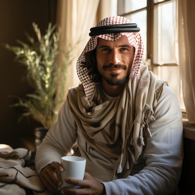 사진 커피 한 잔 을 들고 있는 강한 잘생긴 남자 의 라이프 스타일 사진