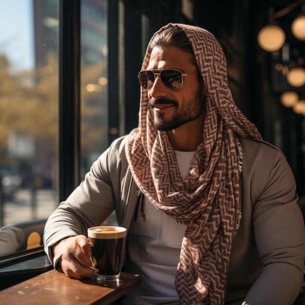 写真 カフェを握っている強いハンサムな男のライフスタイル写真