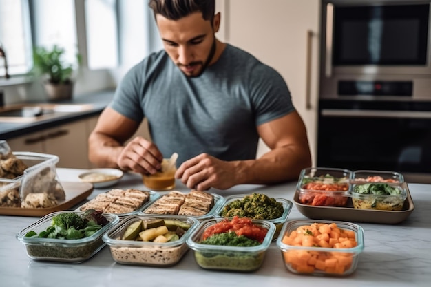 A lifestyle shot of a man enjoying a homemade meal prep with containers filled with nutritious and portioned meals Generative AI