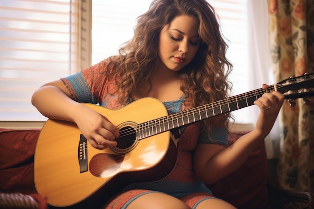 Lifestyle shot of an overweight woman who is confidently interested in a hobby like playing the guitar Generative AI