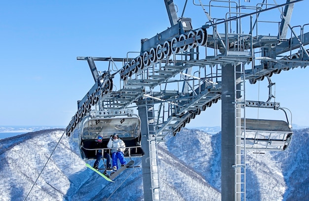 Lift to the ski resort in winter on Kamchatka