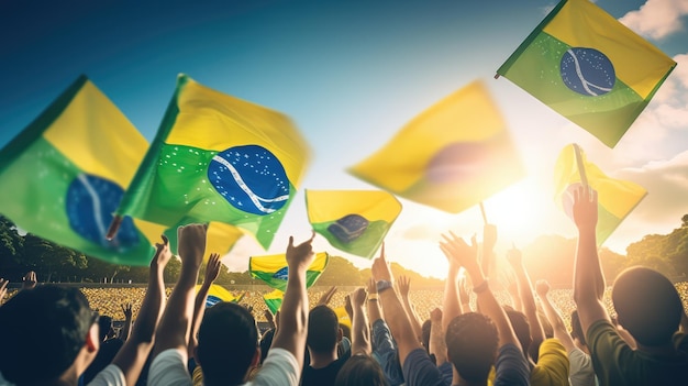 Lifting Brazilian Flags Back view group of People Holding Brazilian Flags