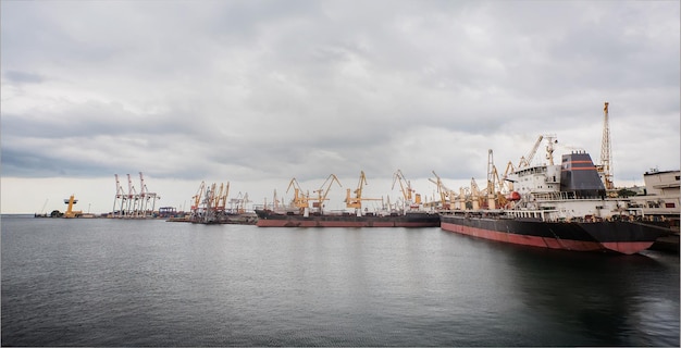 Lifting cargo cranes ships and grain dryer in Sea Port of Odessa Black Sea Ukraine