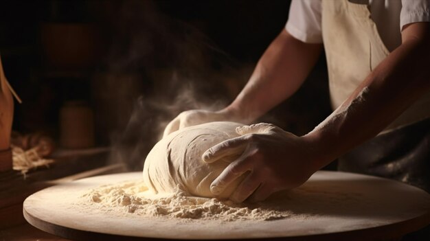 Lifting a mix of wheat flour and sourdough starter in a basket for fermentation