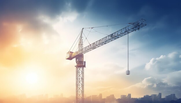 Lifting van een bouwkraan op een bouwplaats tegen de achtergrond van de lucht en een gebouw in aanbouw