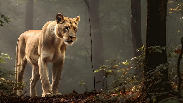 A liger with a dense forest as the background during a misty morning