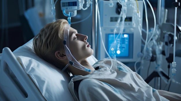 Liggend op een bed Zeer zwakke kankerpatiënt in het ziekenhuis Mooie illustratiefoto