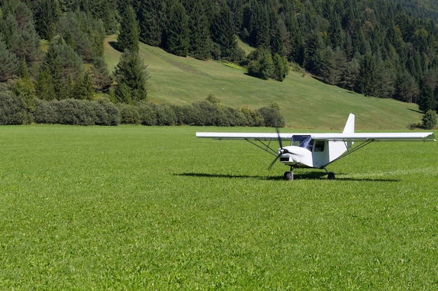 緑の牧草地に着陸する軽飛行機