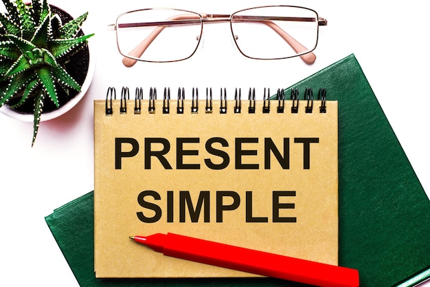 On a light background goldframed glasses a flower in a pot a green notebook a red pen and a brown notebook with the text PRESENT SIMPLE Business concept