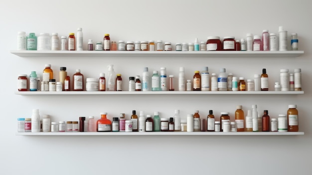 On a light background shelves with medical medicines