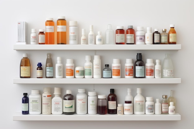 On a light background shelves with medical medicines