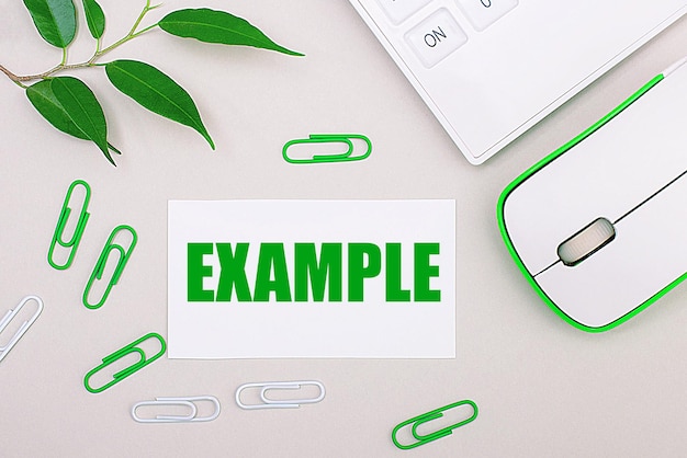 On a light background a white calculator a computer mouse green paper clips a green plant and a white blank sheet with the text EXAMPLE Flat lay