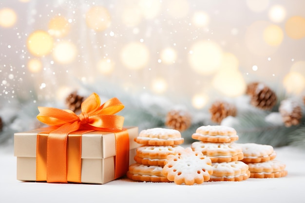 Light background with cookies and a gift for St Nicholas Day bokeh