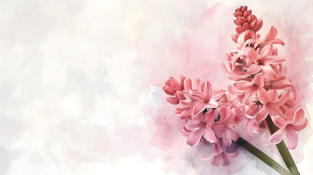 Light background with pink hyacinths in watercolor style Place for text