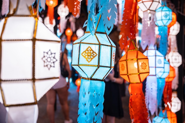 The light of the Beautiful Colorful Lanna lamp paper lantern background pattern are northern thai style lanterns in Chiang Mai Thailandfull moon the 12th month Be famous