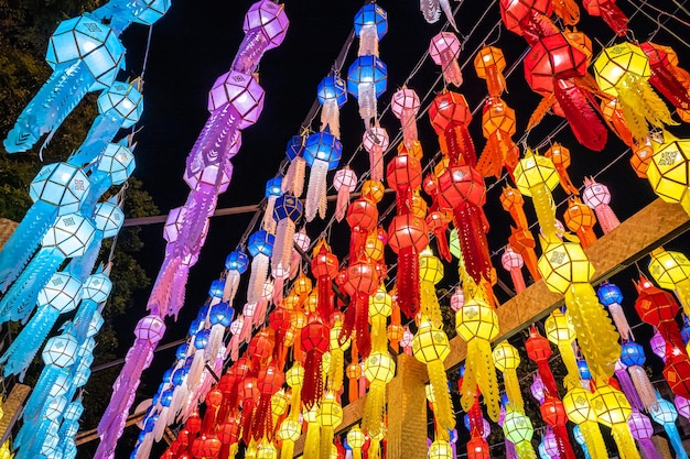 The light of the Beautiful Colorful Lanna lamp paper lantern background pattern are northern thai style lanterns in Chiang Mai Thailandfull moon the 12th month Be famous