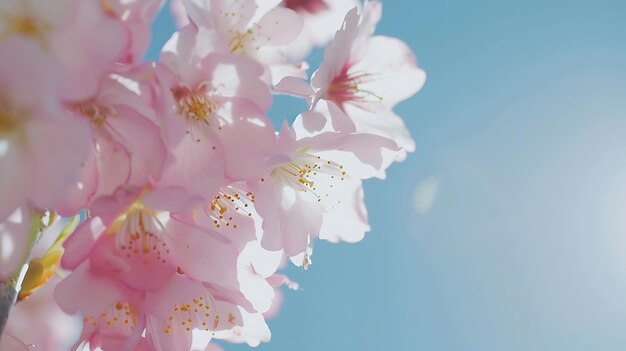 ピンク色の桜が開花している光の美しい自然の春の画像 背面にクローズアップ ジェネレーティブAI