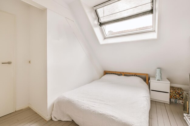 Light bedroom with wooden wardrobe