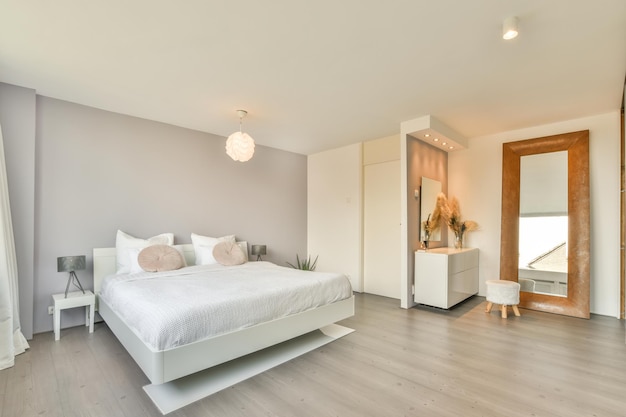 Light bedroom with wooden wardrobe