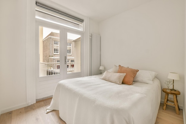 Light bedroom with wooden wardrobe