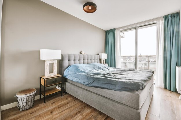 Light bedroom with wooden wardrobe