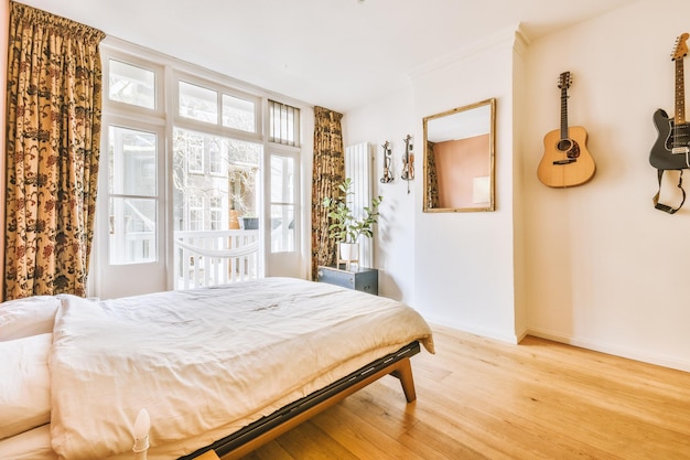 Light bedroom with wooden wardrobe