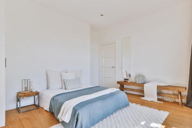 Light bedroom with wooden wardrobe