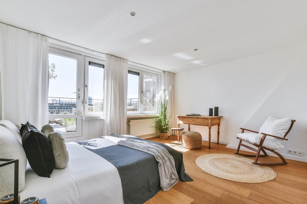 Light bedroom with wooden wardrobe